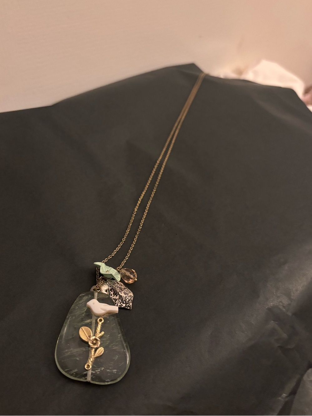 Gold-Chain Green Stone Pendant Necklace with Bird and Leaf Charms